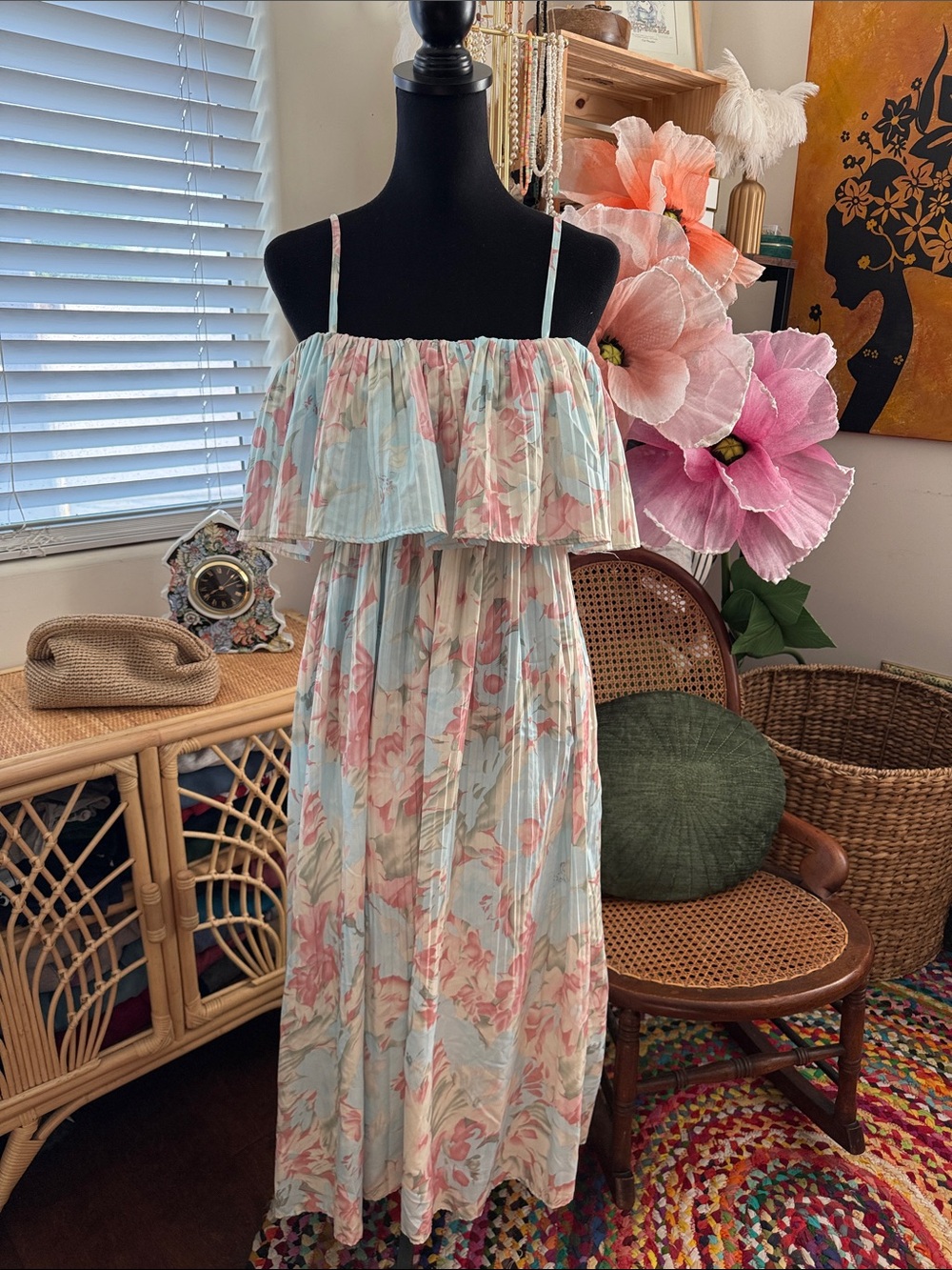 Vintage Kookkai Design by Sunanta Pastel Floral Boho Pleated Ruffle Maxi Dress